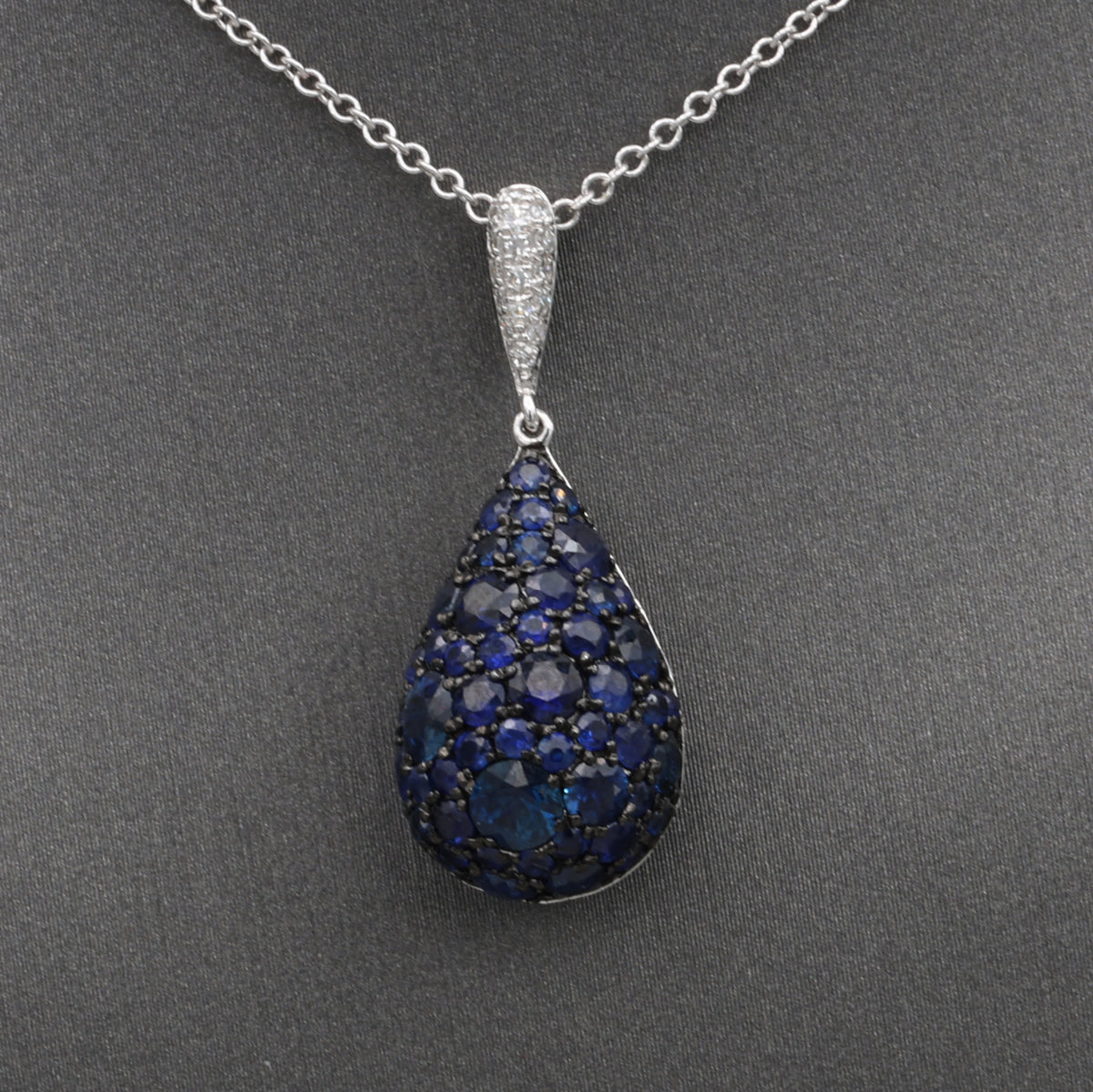 Sparkling Sapphire and Diamond Pear Drop Pendant Necklace in 14k White Gold