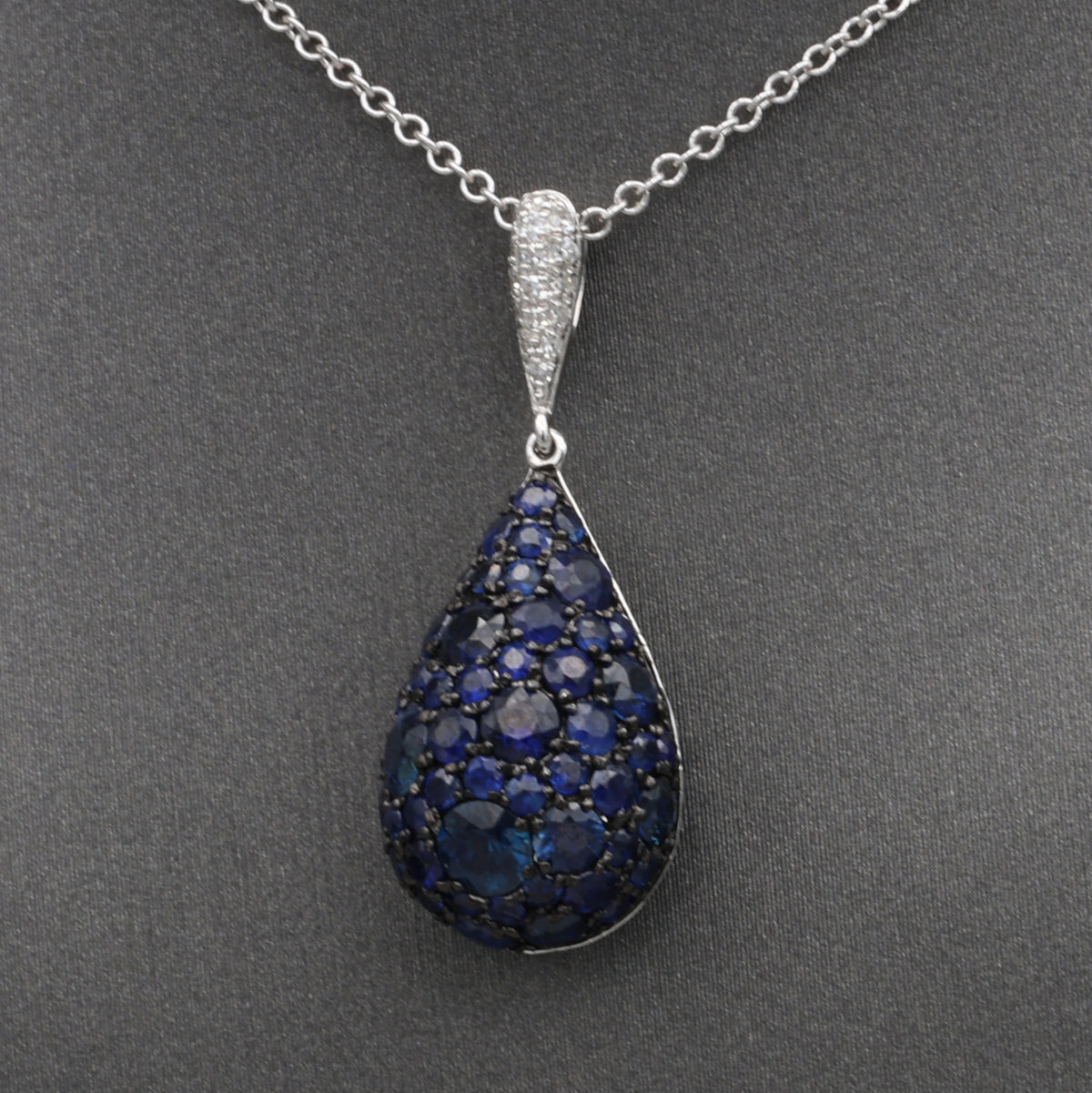 Sparkling Sapphire and Diamond Pear Drop Pendant Necklace in 14k White Gold