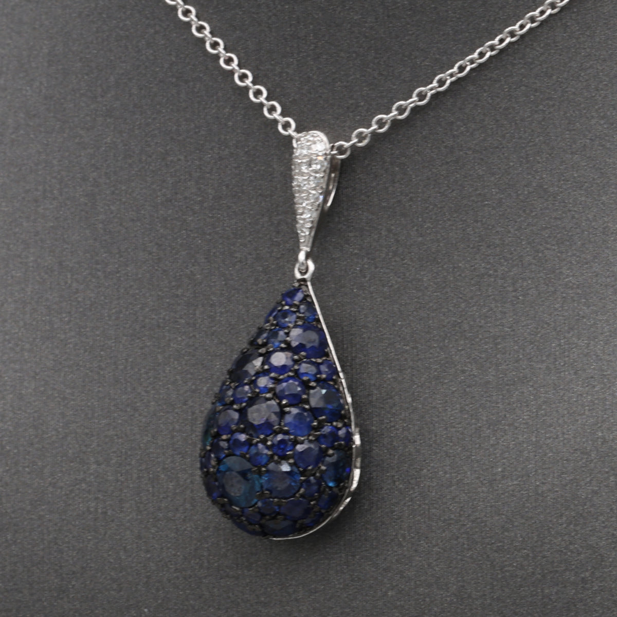 Sparkling Sapphire and Diamond Pear Drop Pendant Necklace in 14k White Gold