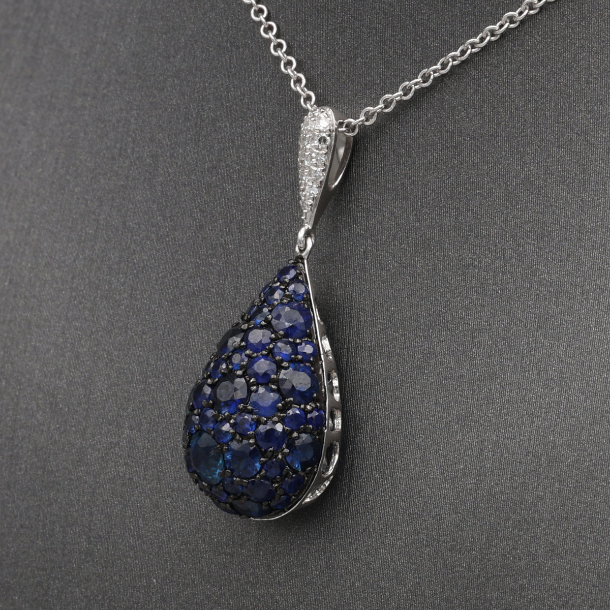 Sparkling Sapphire and Diamond Pear Drop Pendant Necklace in 14k White Gold