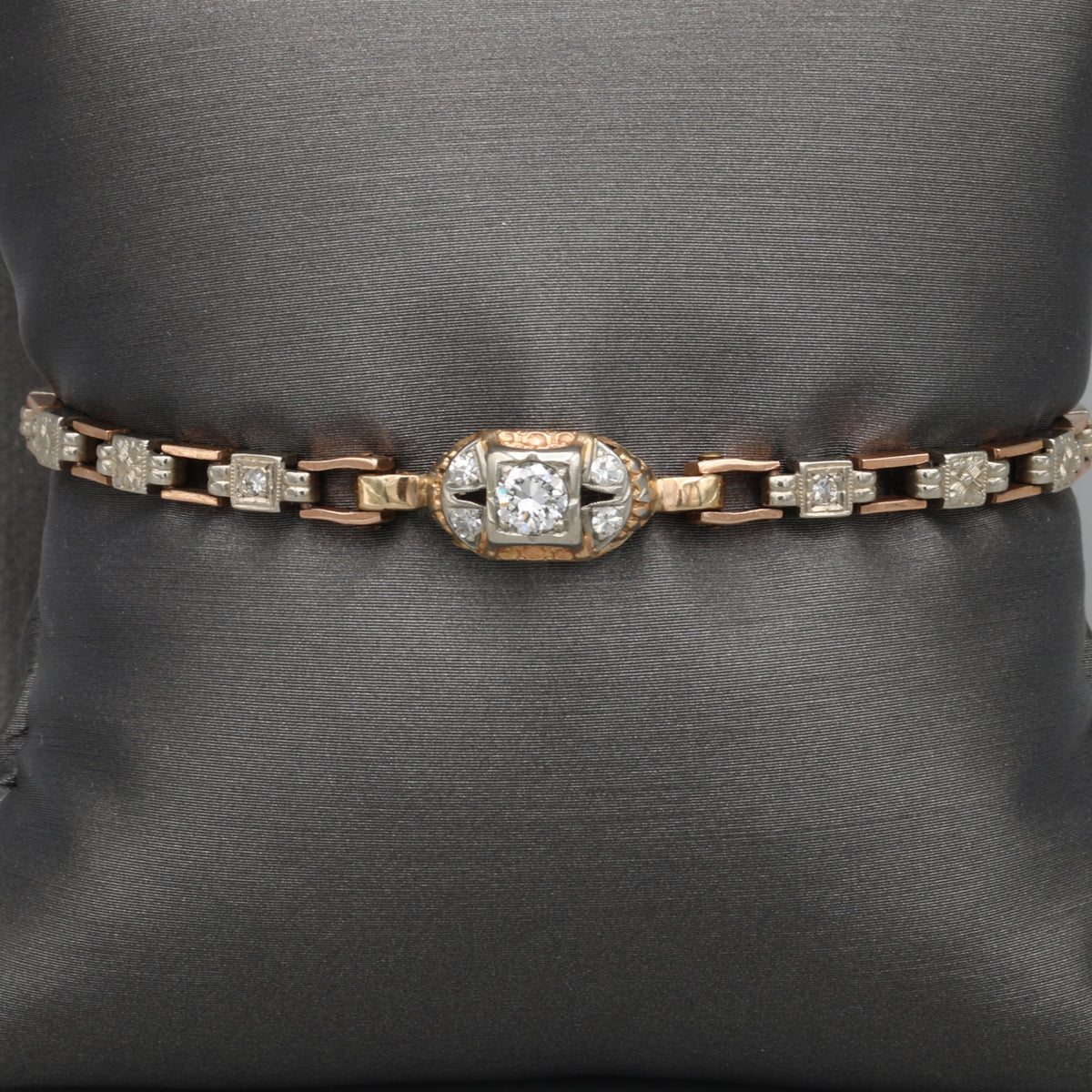 Petite Art Deco Old European Cut Diamond Chain Bracelet in 14k Rose & White Gold