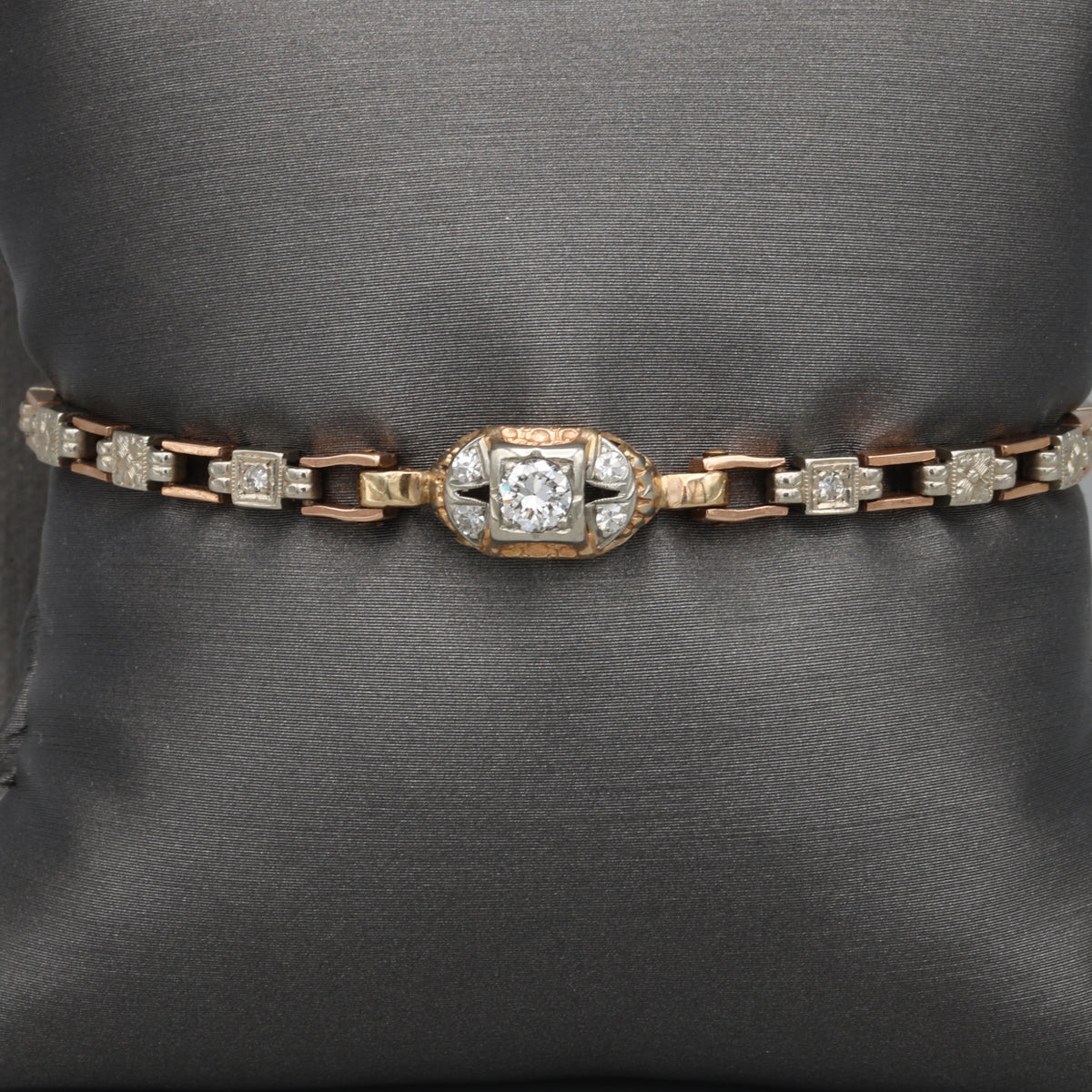 Petite Art Deco Old European Cut Diamond Chain Bracelet in 14k Rose & White Gold