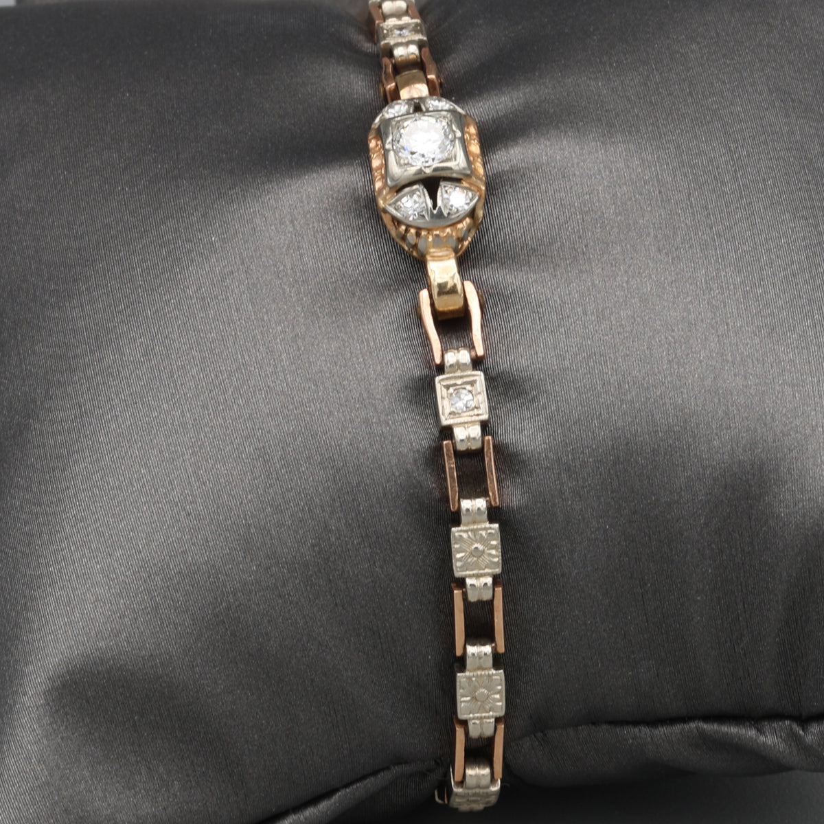 Petite Art Deco Old European Cut Diamond Chain Bracelet in 14k Rose & White Gold