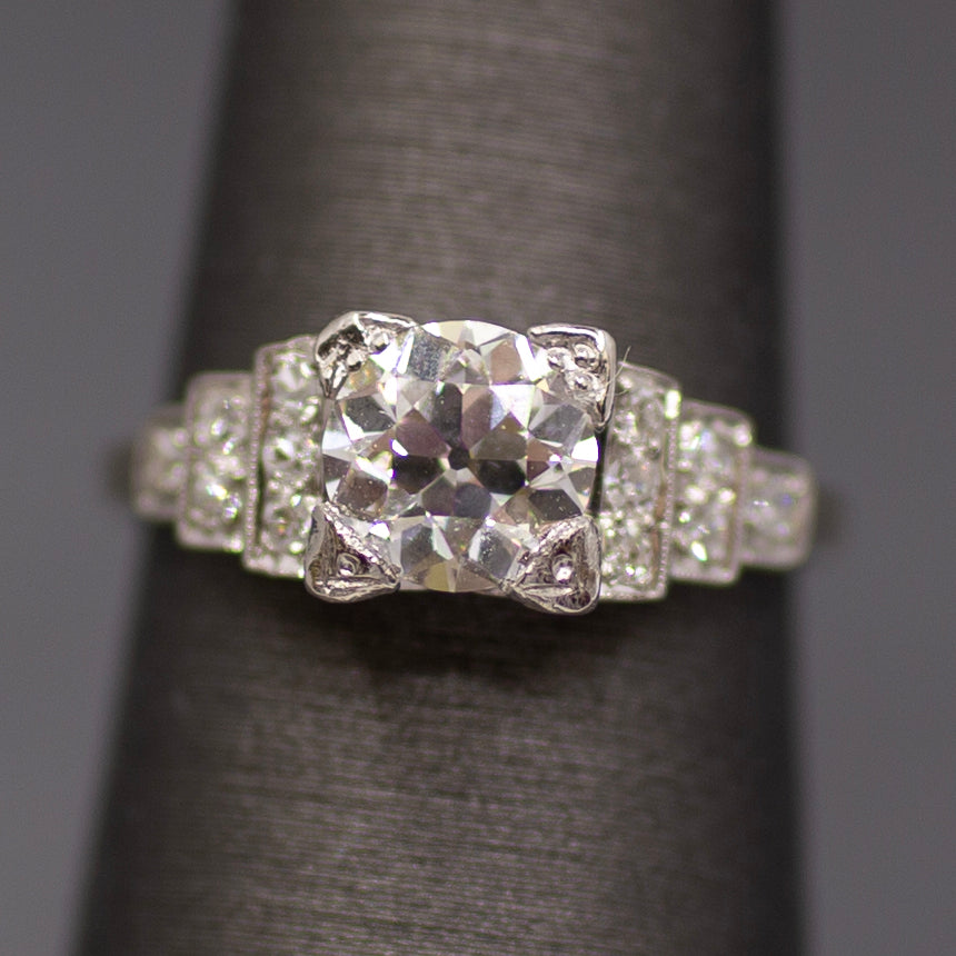 Art Deco GIA Certified Old European Cut Geometric Engagement Ring in Platinum