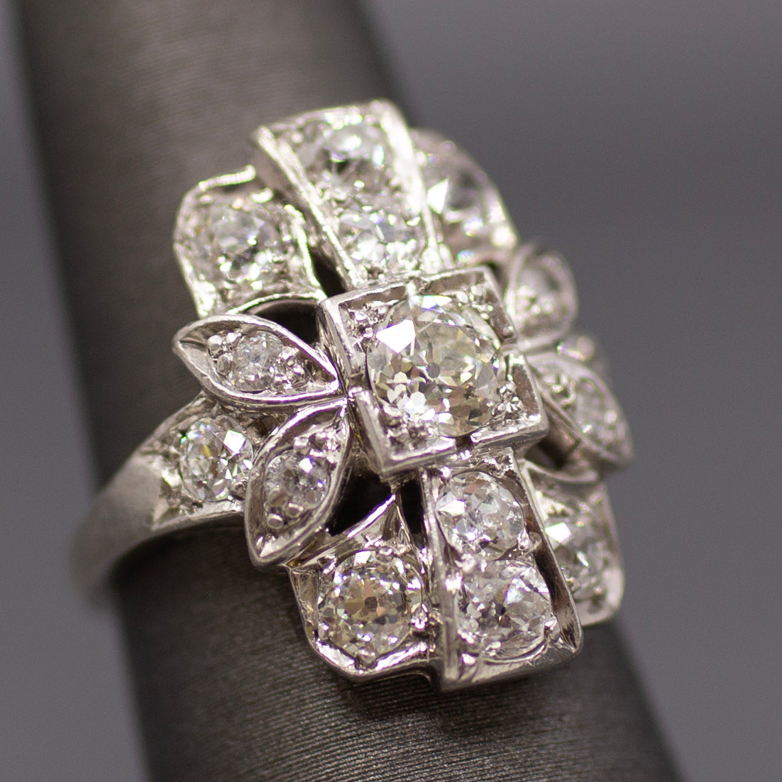 Old European Cut Diamond Cluster Panel Statement Cocktail Ring in Platinum