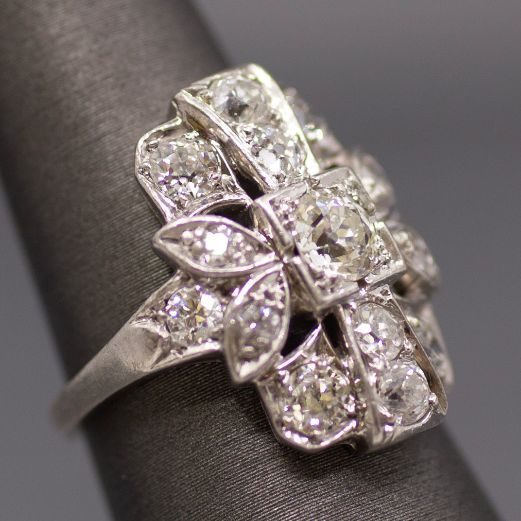 Old European Cut Diamond Cluster Panel Statement Cocktail Ring in Platinum