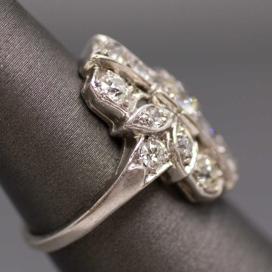 Old European Cut Diamond Cluster Panel Statement Cocktail Ring in Platinum