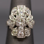 Old European Cut Diamond Cluster Panel Statement Cocktail Ring in Platinum
