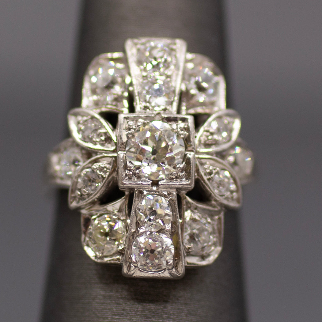 Old European Cut Diamond Cluster Panel Statement Cocktail Ring in Platinum