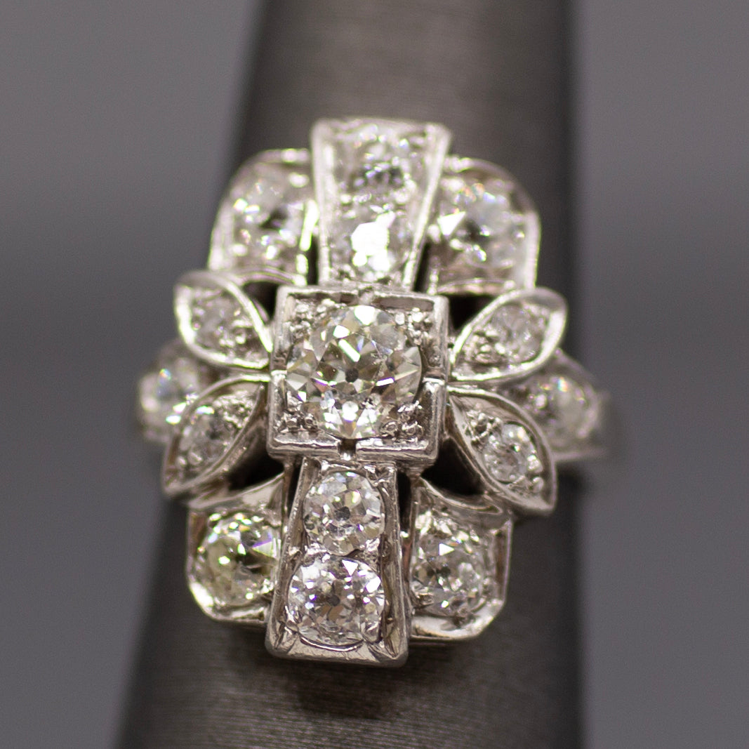 Old European Cut Diamond Cluster Panel Statement Cocktail Ring in Platinum