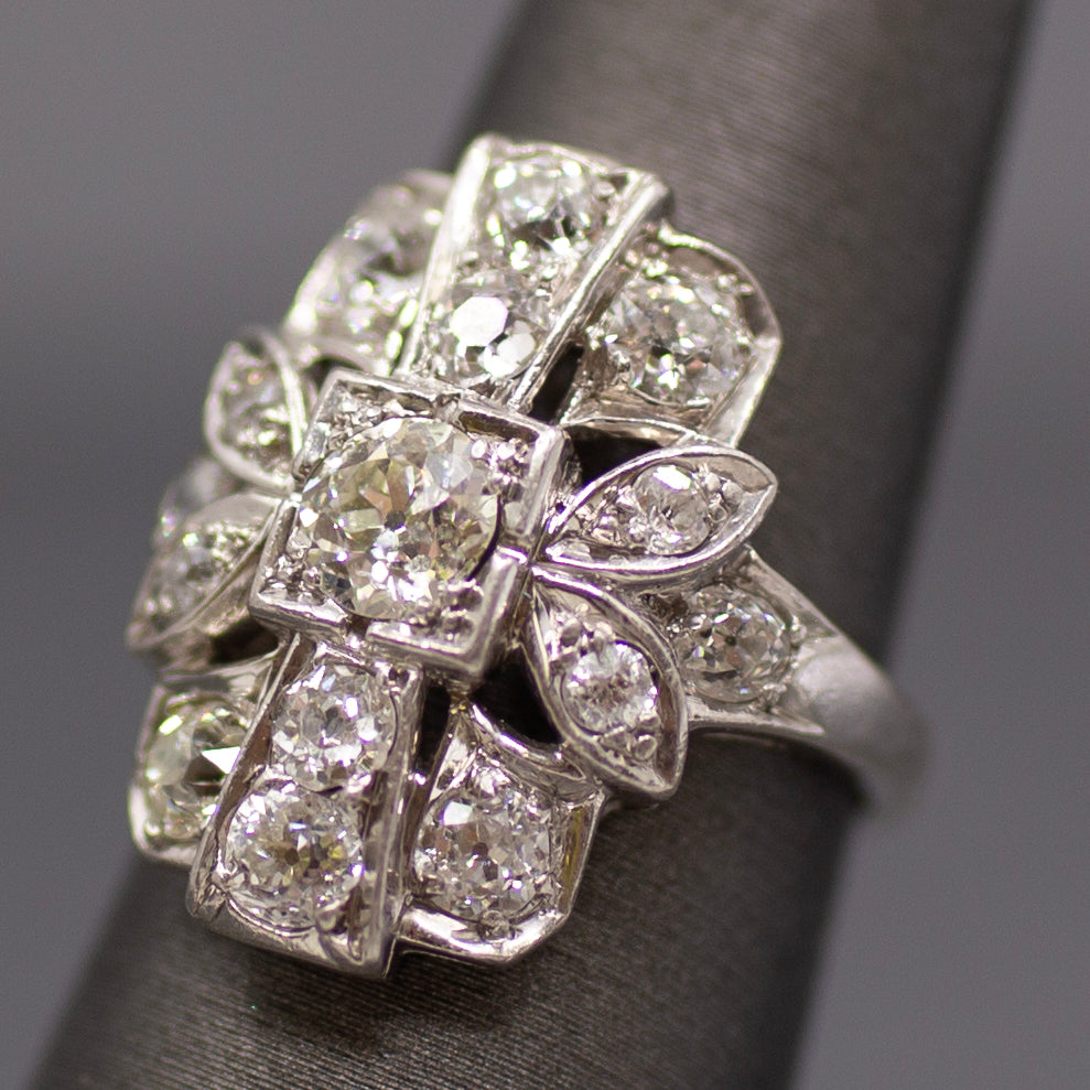 Old European Cut Diamond Cluster Panel Statement Cocktail Ring in Platinum