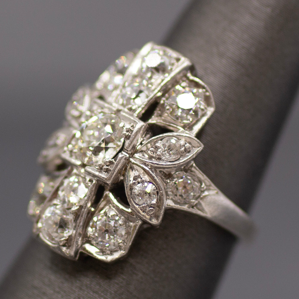 Old European Cut Diamond Cluster Panel Statement Cocktail Ring in Platinum