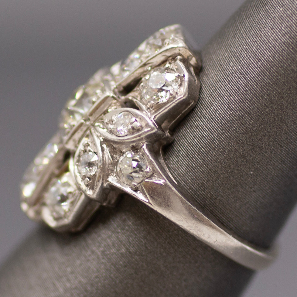 Old European Cut Diamond Cluster Panel Statement Cocktail Ring in Platinum