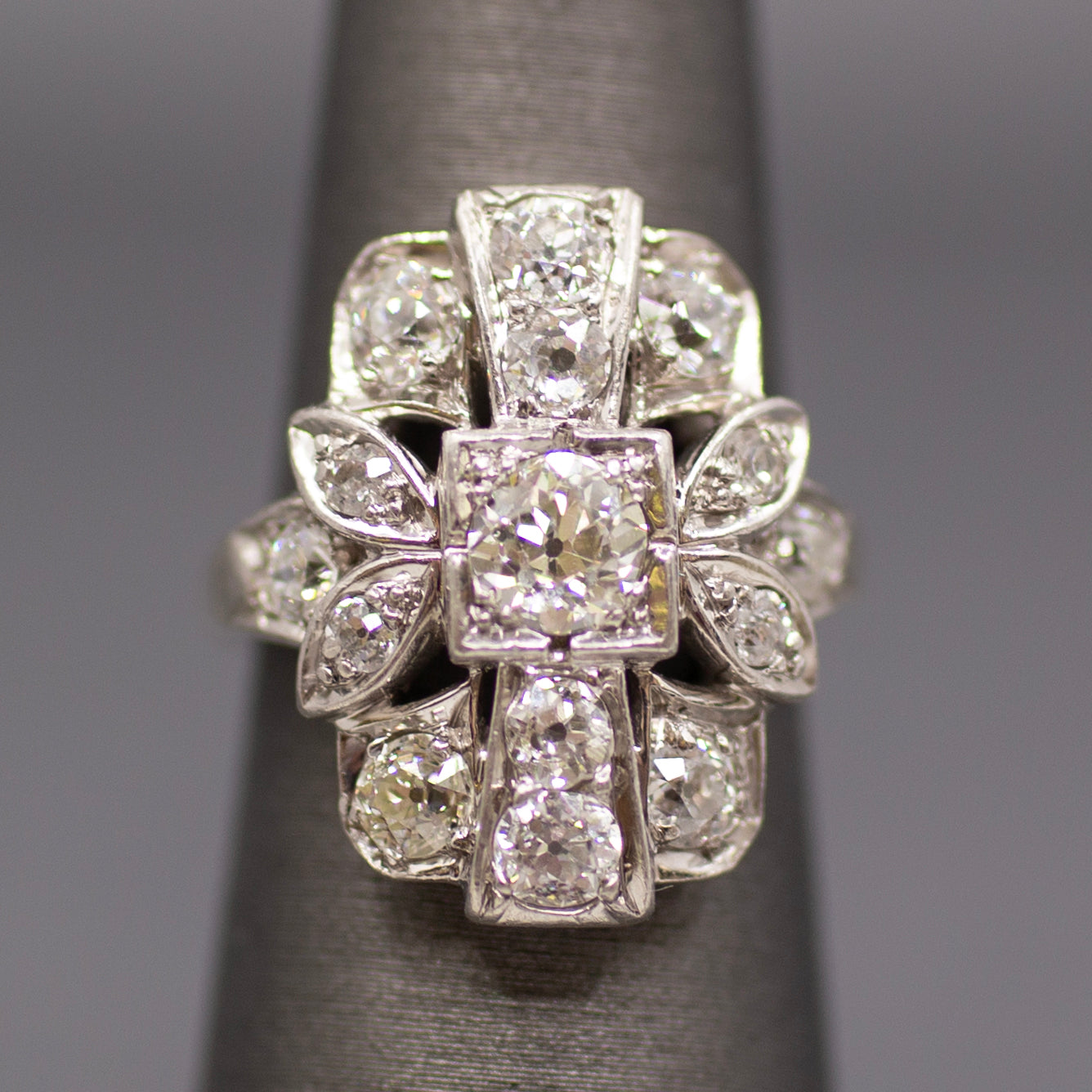 Old European Cut Diamond Cluster Panel Statement Cocktail Ring in Platinum