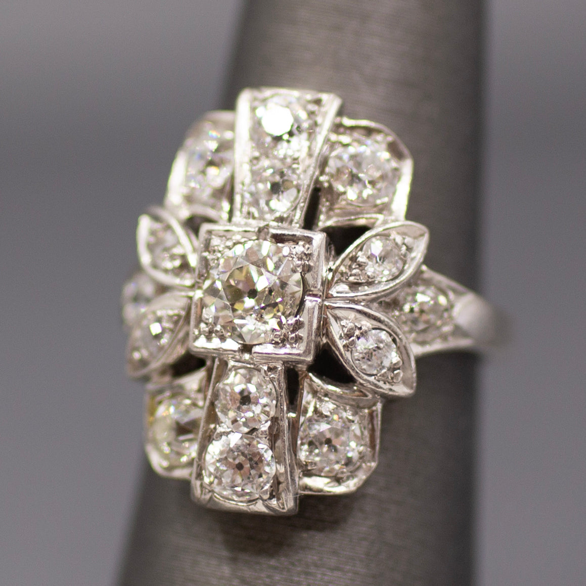 Old European Cut Diamond Cluster Panel Statement Cocktail Ring in Platinum