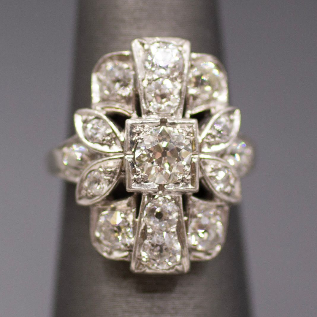 Old European Cut Diamond Cluster Panel Statement Cocktail Ring in Platinum
