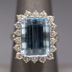 Vintage Emerald Cut Aquamarine Diamond Halo Cocktail Ring in 14K White Gold