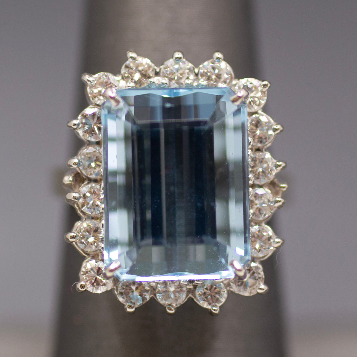 Vintage Emerald Cut Aquamarine Diamond Halo Cocktail Ring in 14K White Gold
