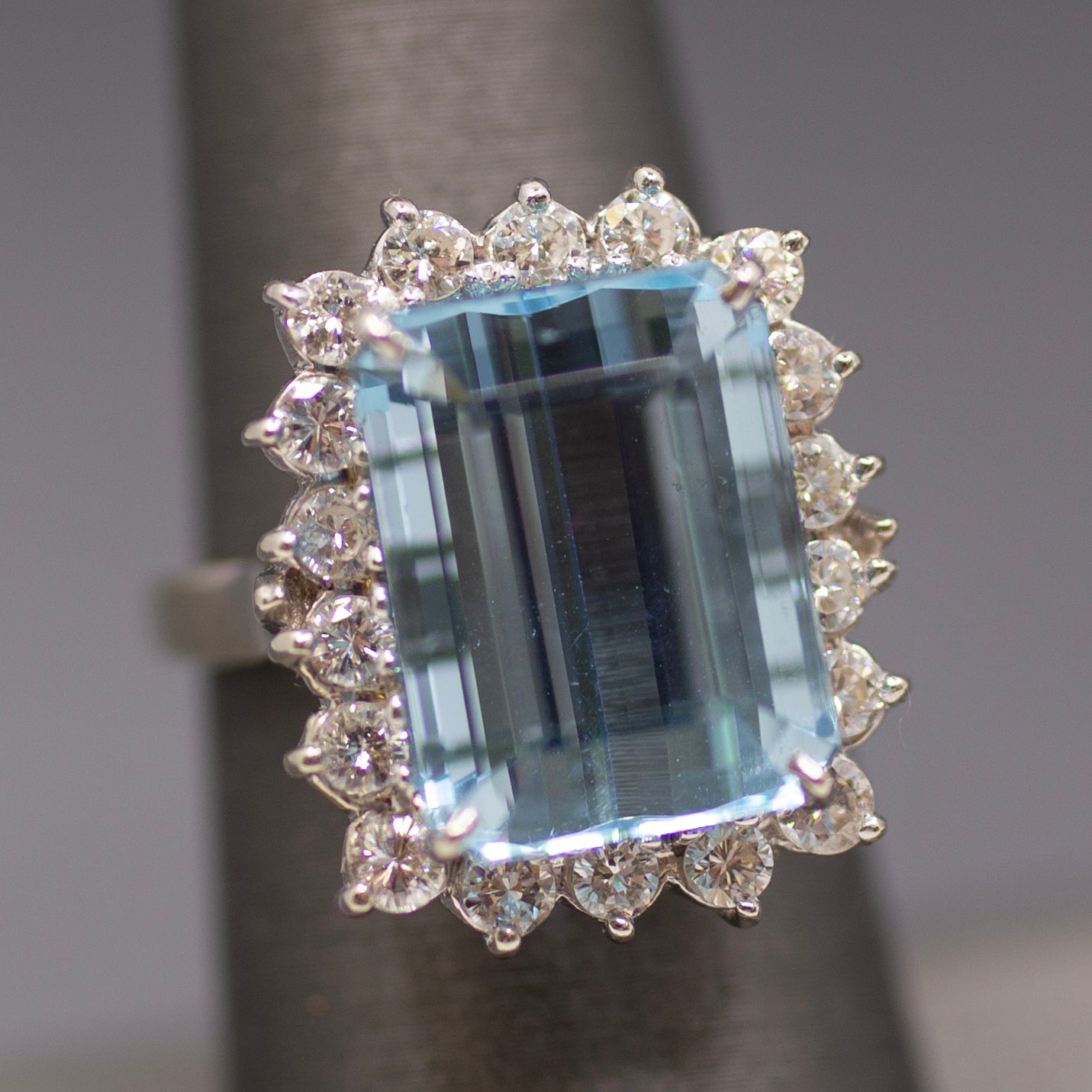 Vintage Emerald Cut Aquamarine Diamond Halo Cocktail Ring in 14K White Gold