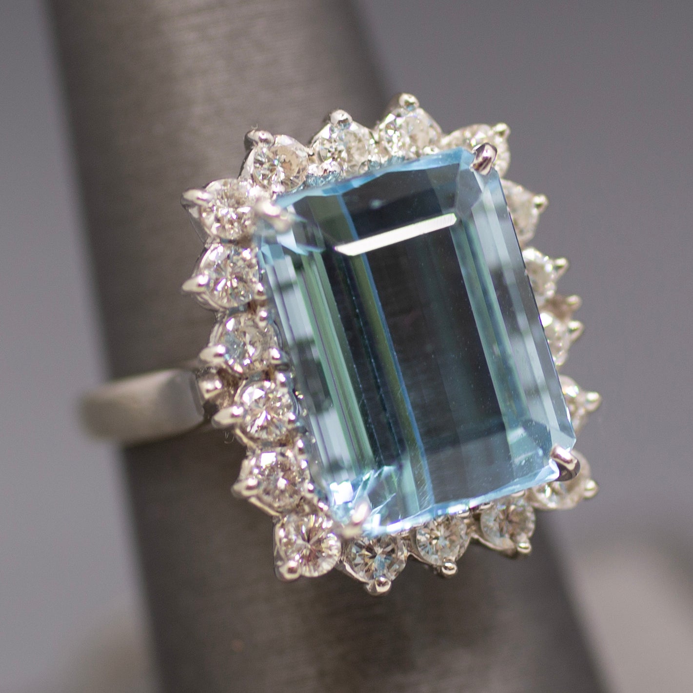 Vintage Emerald Cut Aquamarine Diamond Halo Cocktail Ring in 14K White Gold