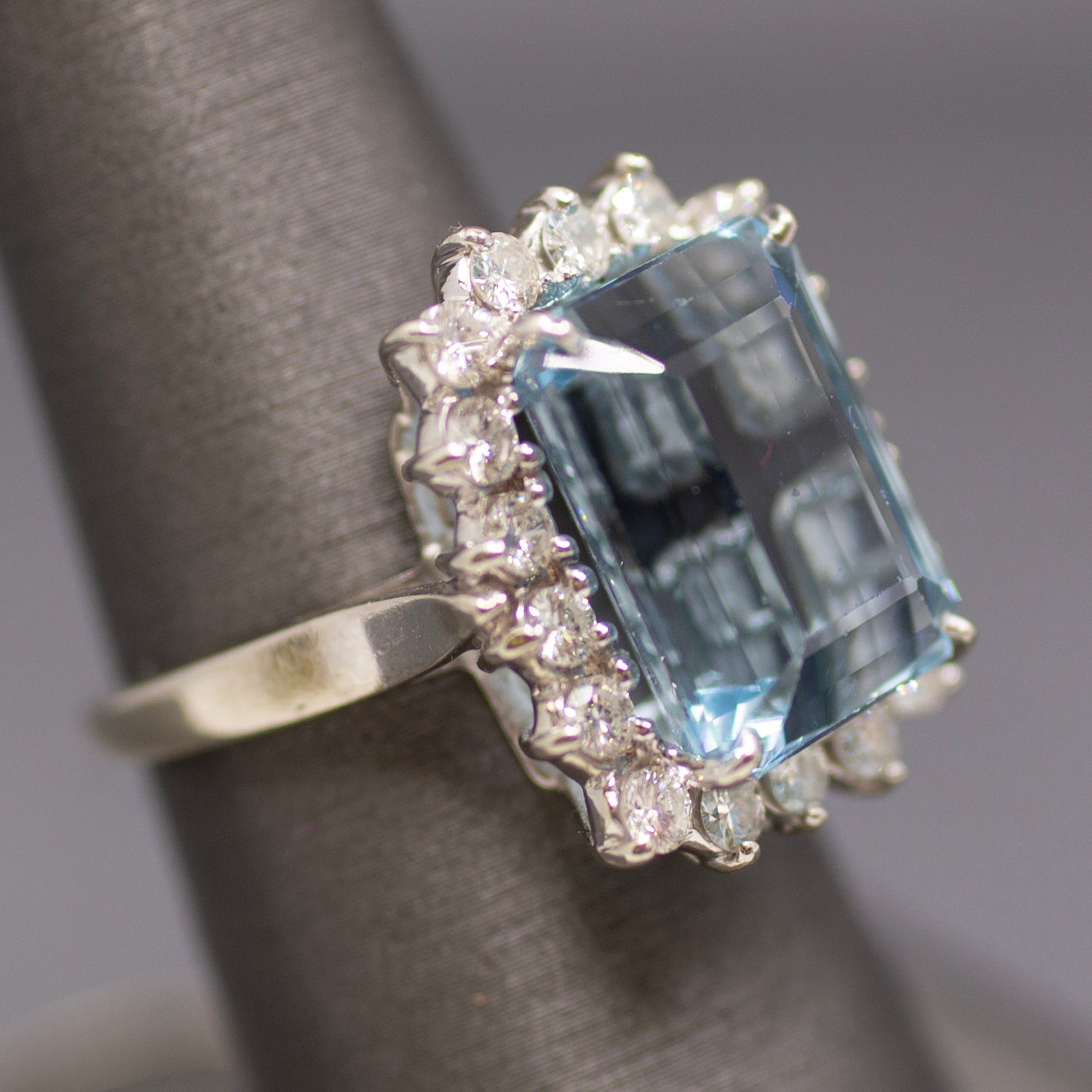 Vintage Emerald Cut Aquamarine Diamond Halo Cocktail Ring in 14K White Gold