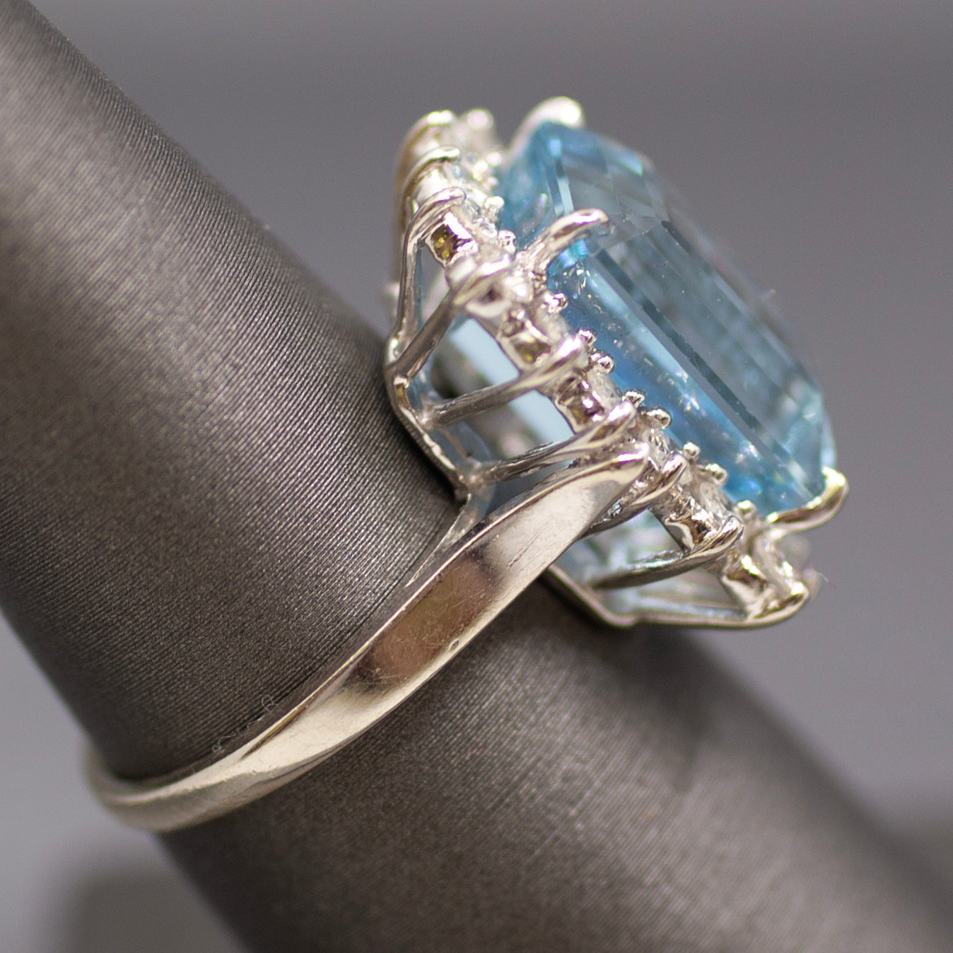Vintage Emerald Cut Aquamarine Diamond Halo Cocktail Ring in 14K White Gold