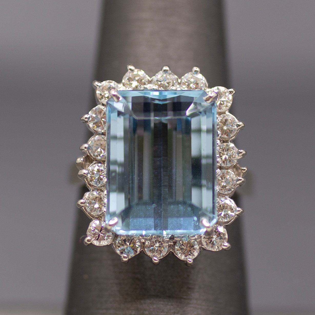 Vintage Emerald Cut Aquamarine Diamond Halo Cocktail Ring in 14K White Gold