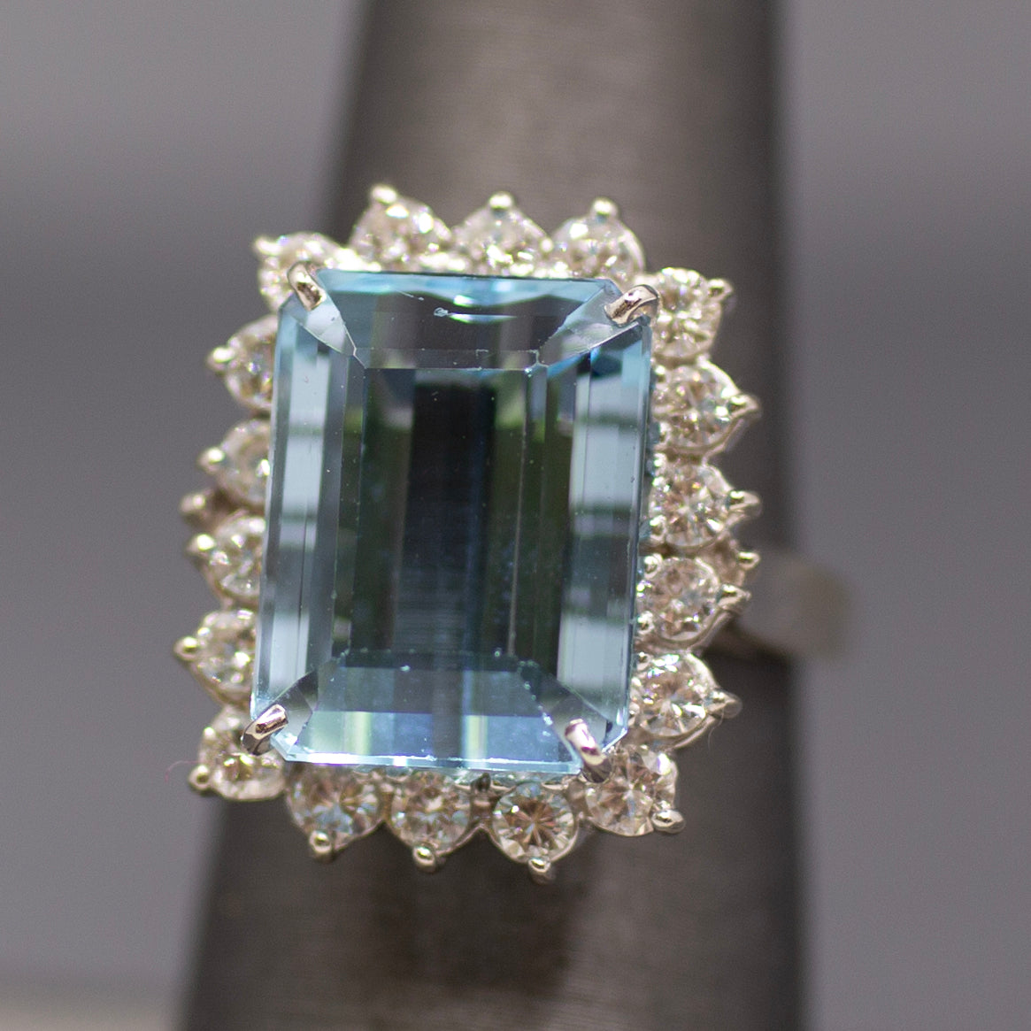 Vintage Emerald Cut Aquamarine Diamond Halo Cocktail Ring in 14K White Gold