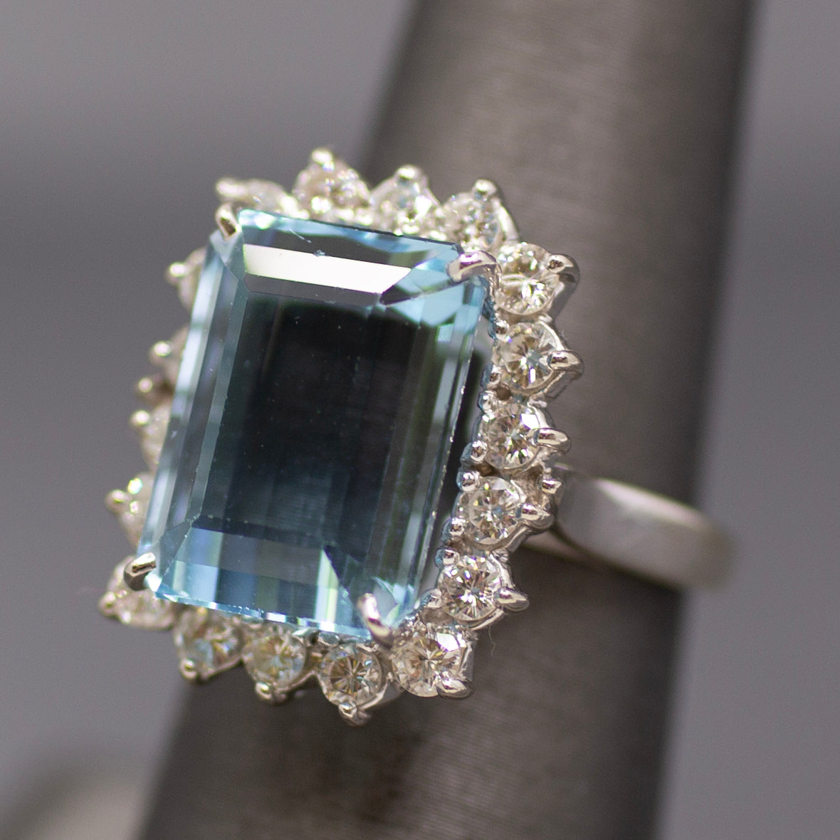 Vintage Emerald Cut Aquamarine Diamond Halo Cocktail Ring in 14K White Gold