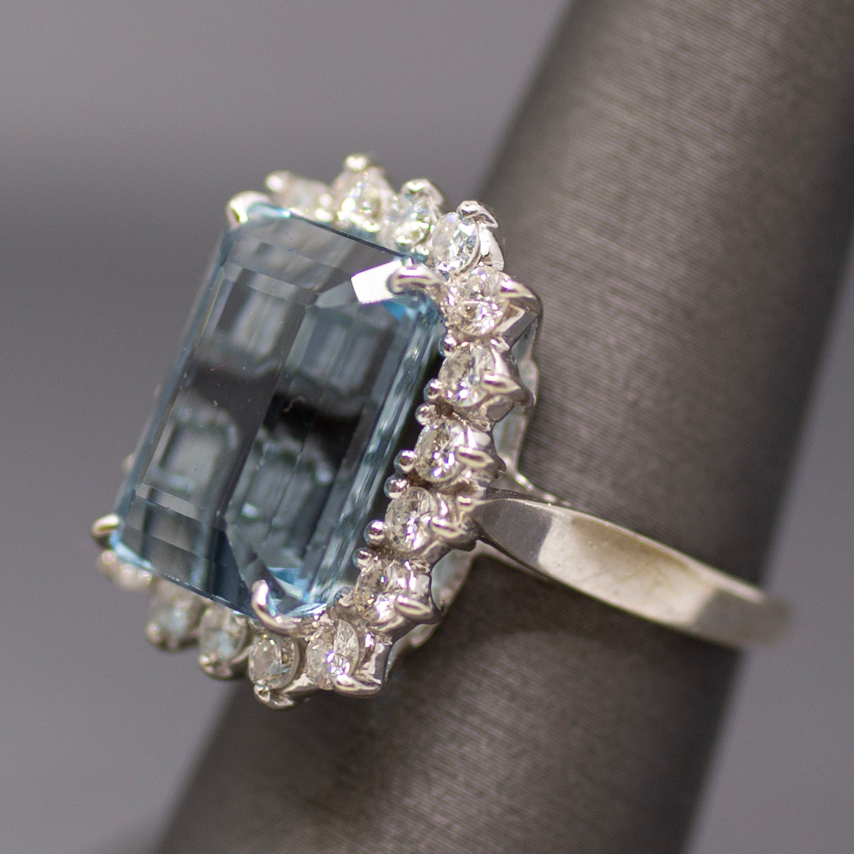 Vintage Emerald Cut Aquamarine Diamond Halo Cocktail Ring in 14K White Gold