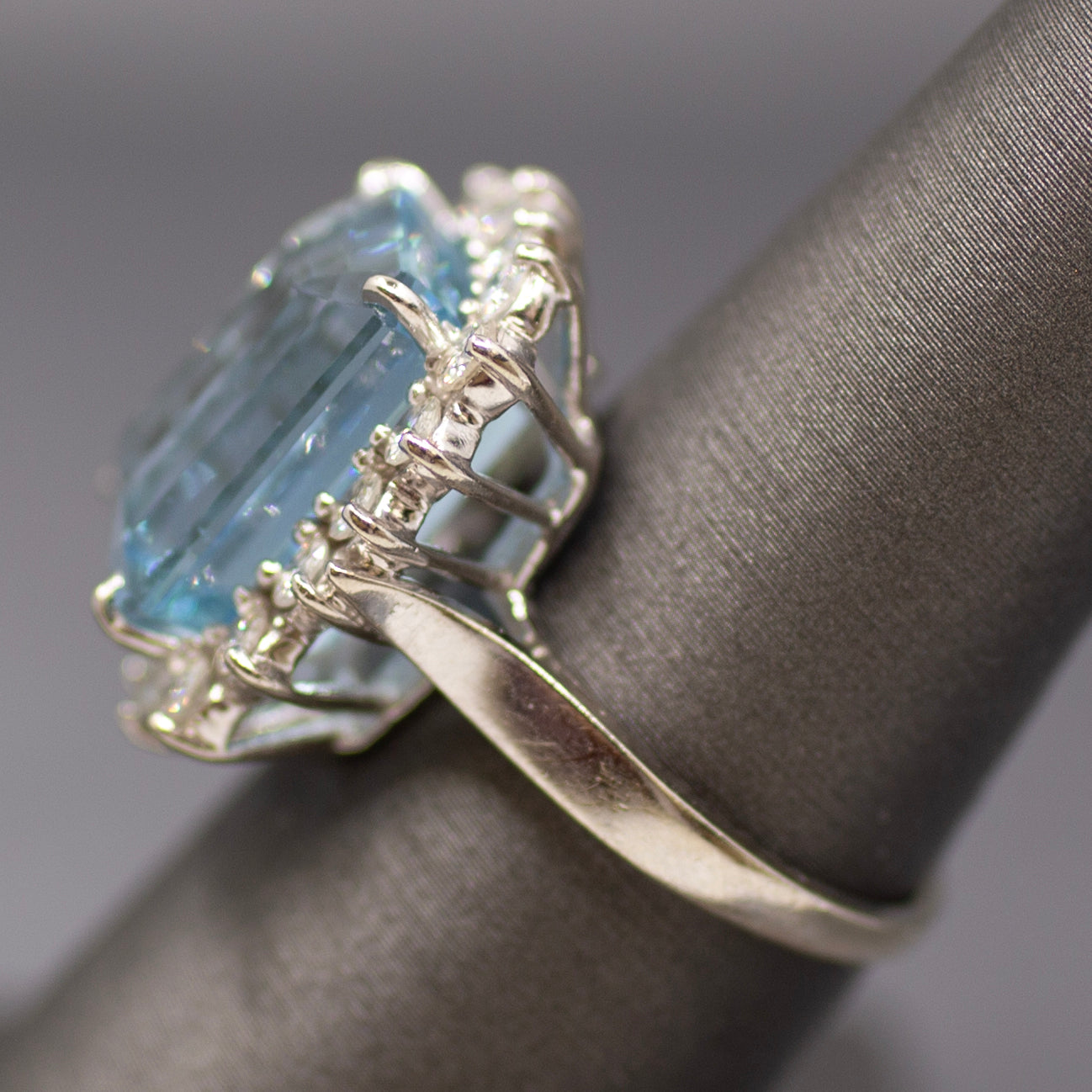 Vintage Emerald Cut Aquamarine Diamond Halo Cocktail Ring in 14K White Gold