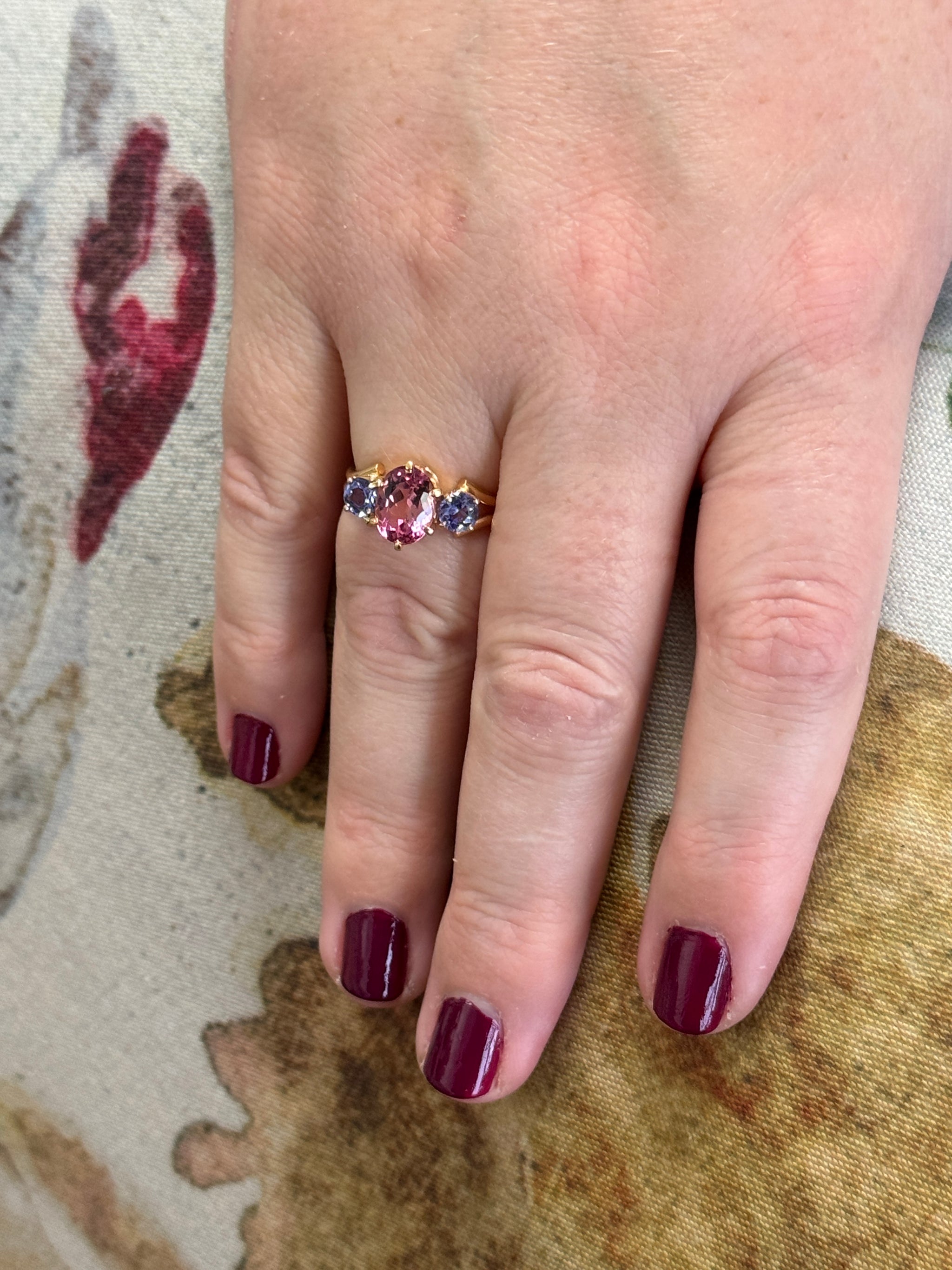 Vintage Pink Tourmaline and Tanzanite Ring in 14k Yellow Gold