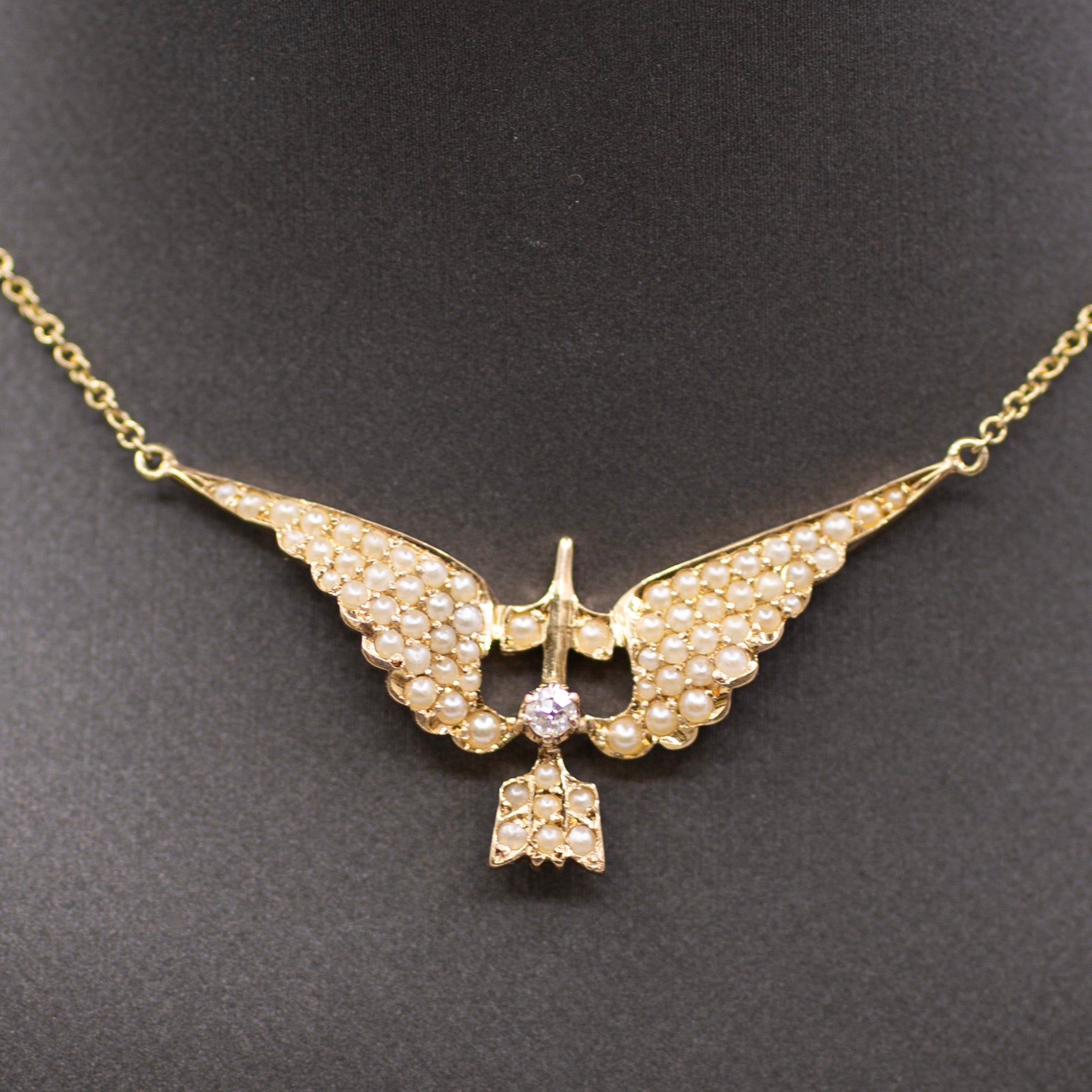 Victorian Old Mine Cut & Seed Pearl Swallow Bird Necklace in 10k with 14k Chain