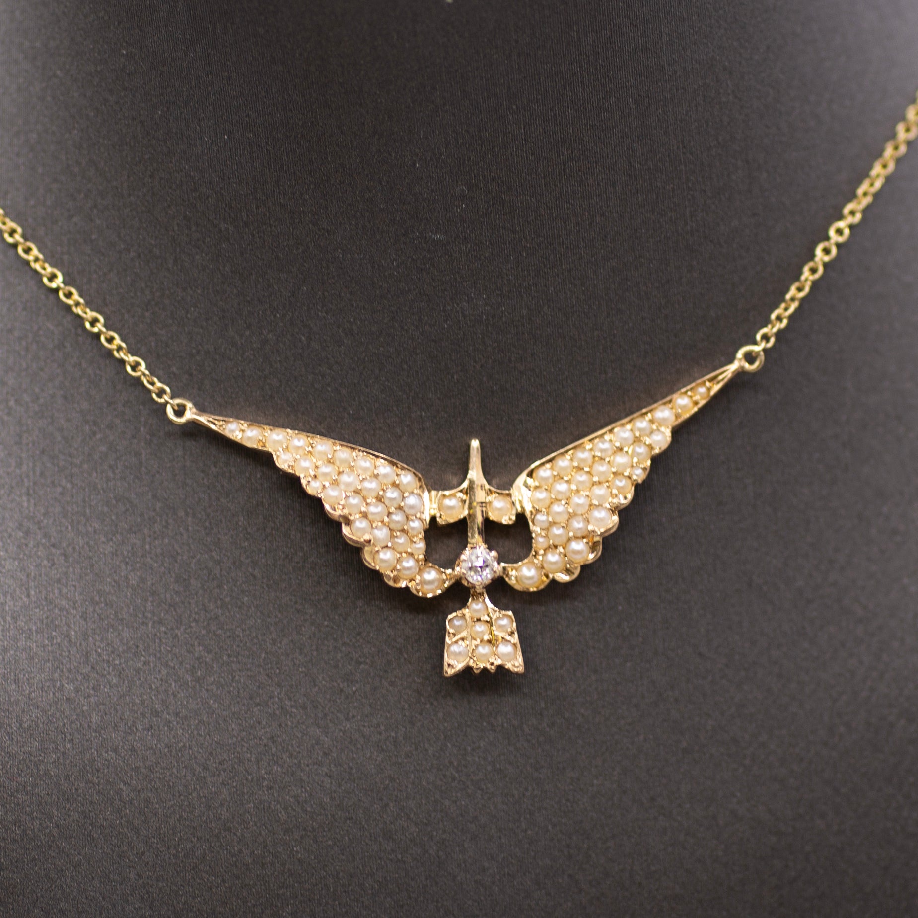 Victorian Old Mine Cut & Seed Pearl Swallow Bird Necklace in 10k with 14k Chain