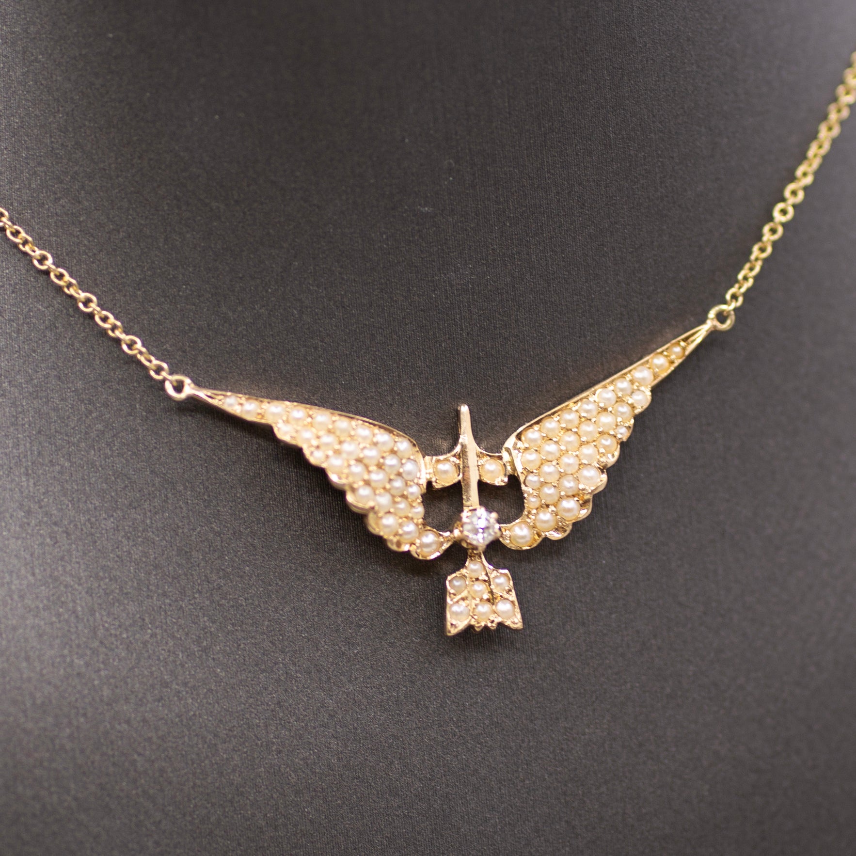 Victorian Old Mine Cut & Seed Pearl Swallow Bird Necklace in 10k with 14k Chain