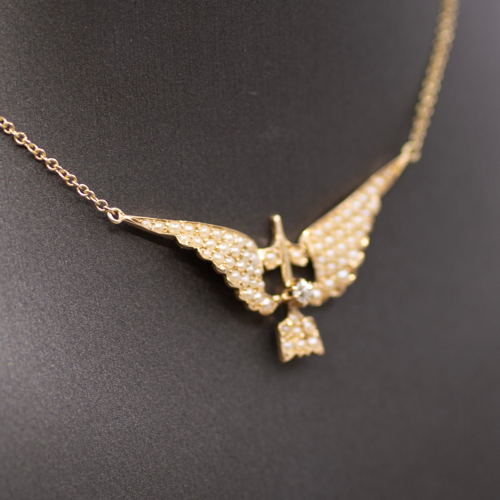 Victorian Old Mine Cut & Seed Pearl Swallow Bird Necklace in 10k with 14k Chain
