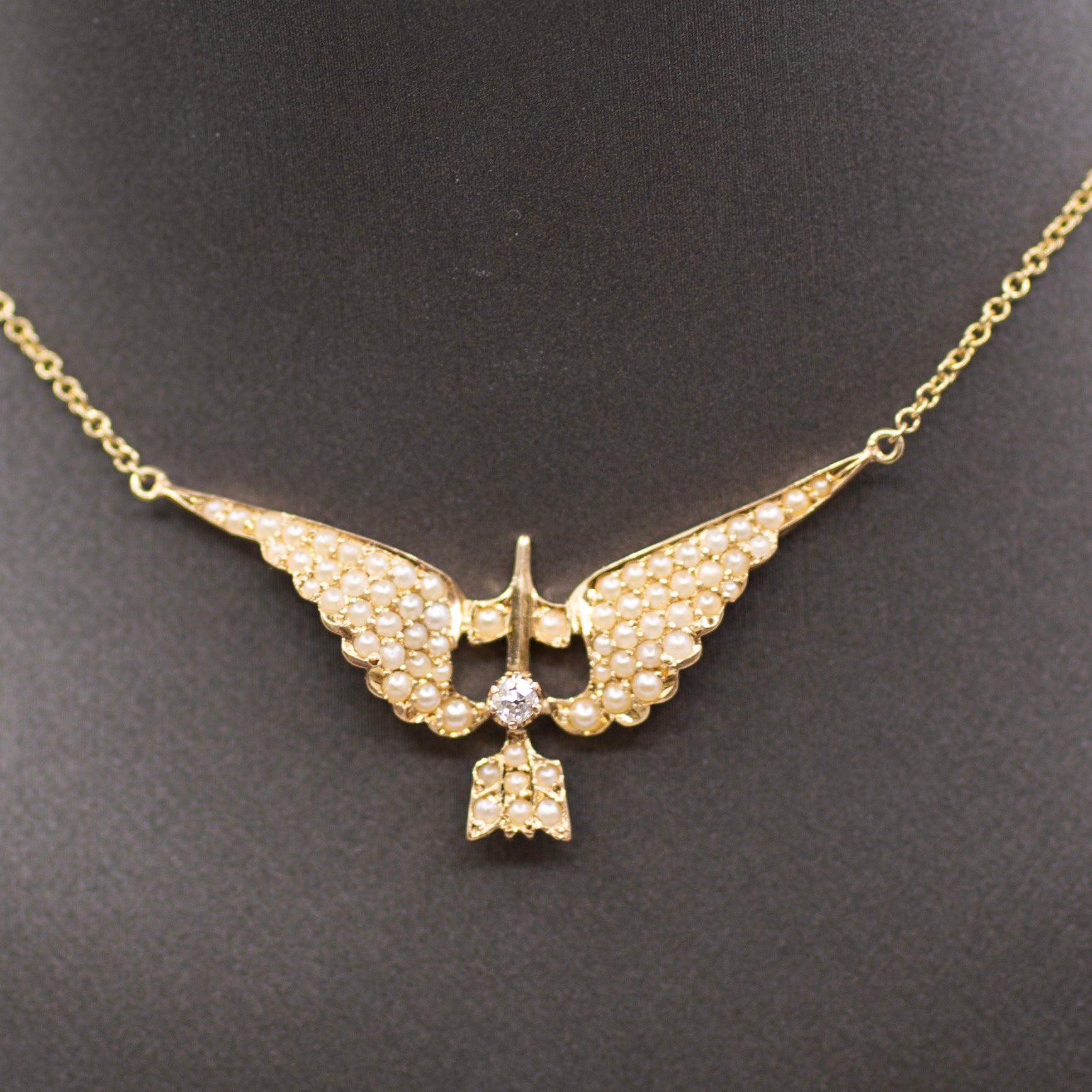 Victorian Old Mine Cut & Seed Pearl Swallow Bird Necklace in 10k with 14k Chain