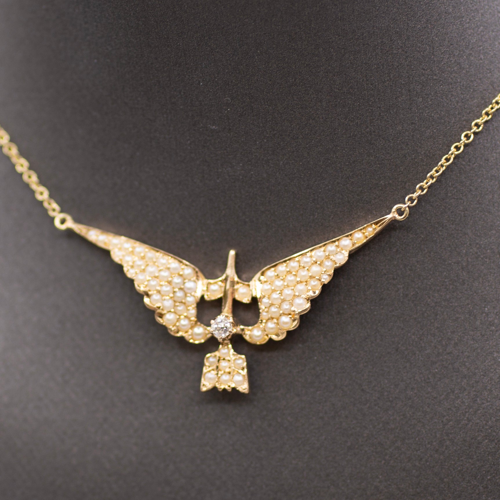 Victorian Old Mine Cut & Seed Pearl Swallow Bird Necklace in 10k with 14k Chain