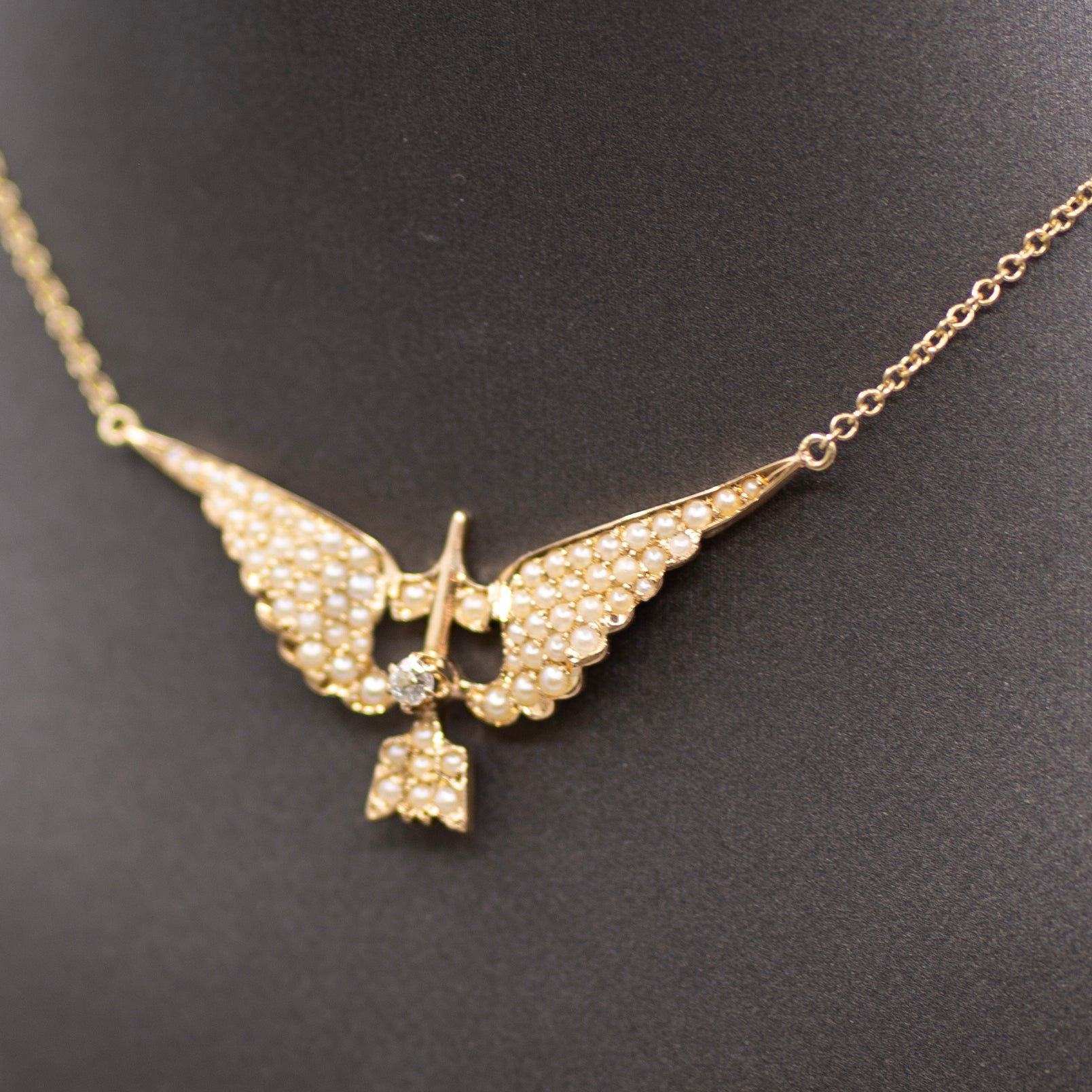 Victorian Old Mine Cut & Seed Pearl Swallow Bird Necklace in 10k with 14k Chain