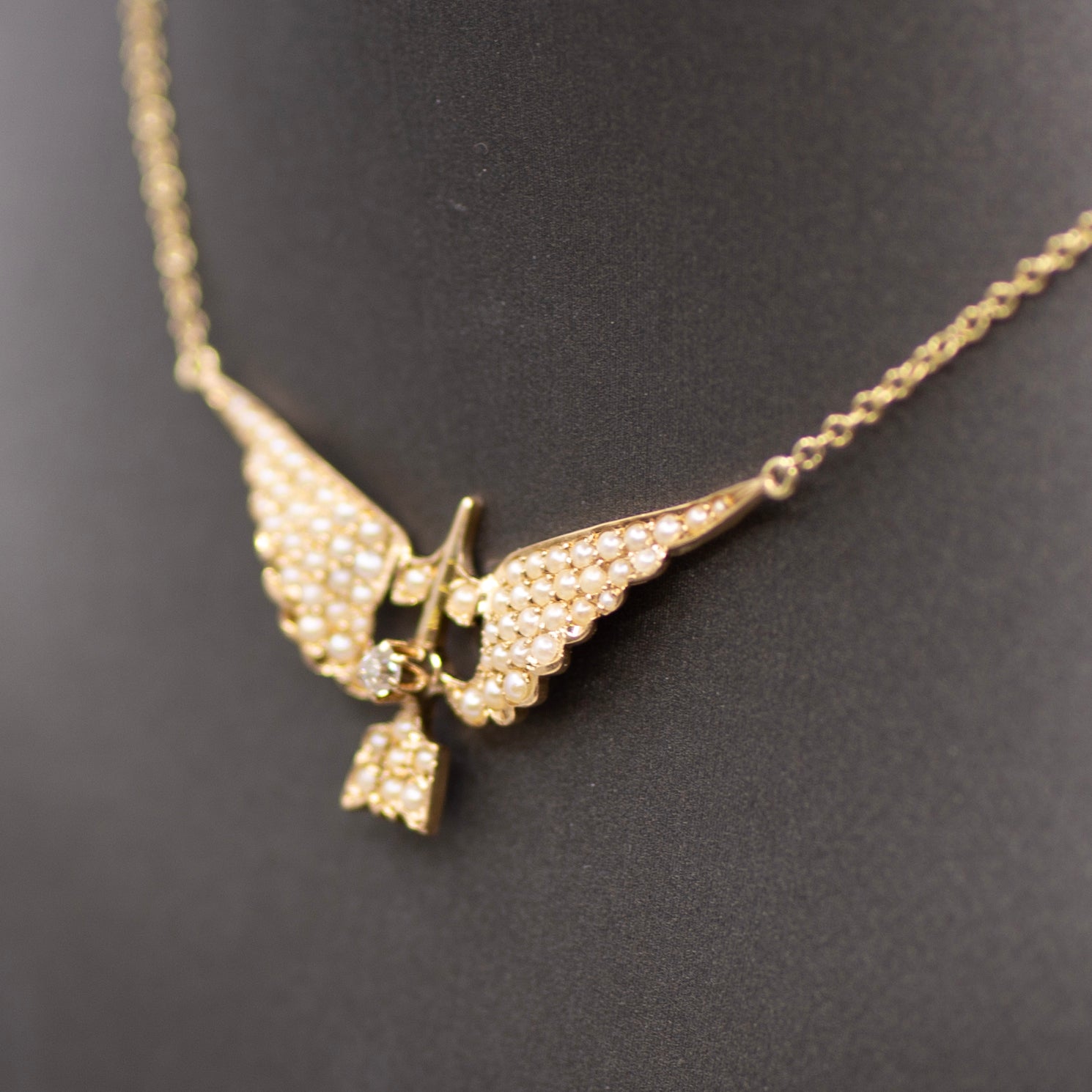 Victorian Old Mine Cut & Seed Pearl Swallow Bird Necklace in 10k with 14k Chain