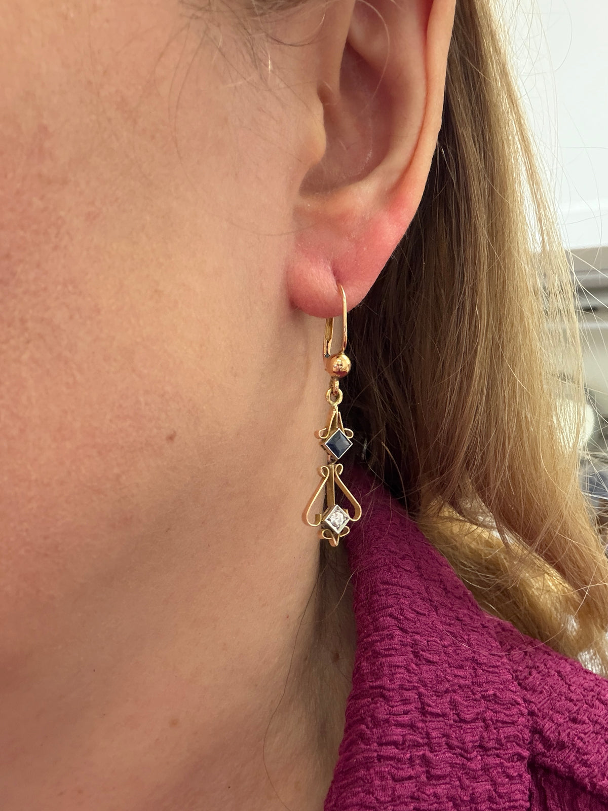 Fantastic Art Deco Old Cut Diamond and Sapphire Dangle Earrings in 18k Yellow Gold