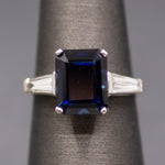 GIA Certified Australian Deep Blue Sapphire and Baguette Diamond Ring in Platinum