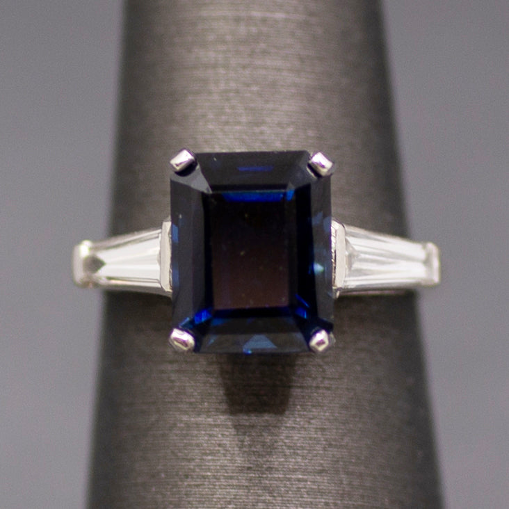 GIA Certified Australian Deep Blue Sapphire and Baguette Diamond Ring in Platinum