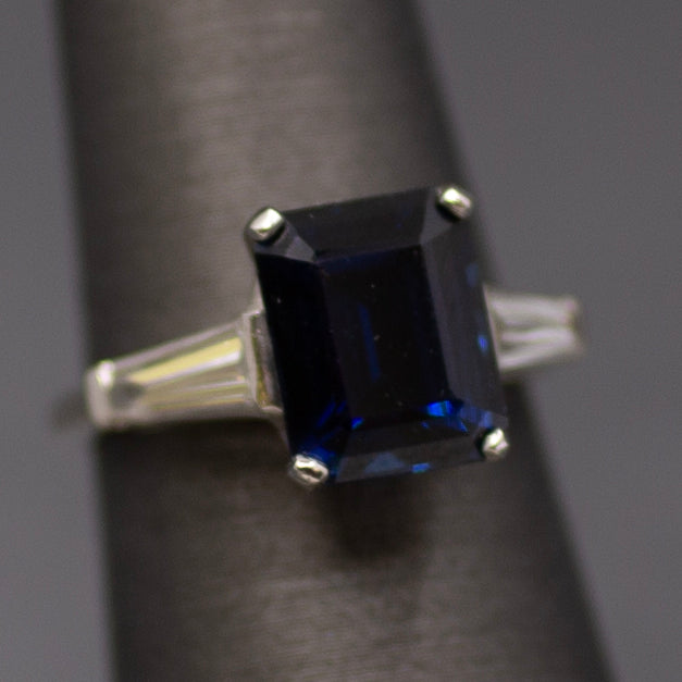 GIA Certified Australian Deep Blue Sapphire and Baguette Diamond Ring in Platinum