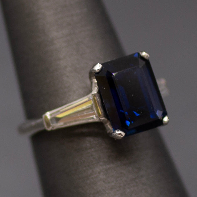 GIA Certified Australian Deep Blue Sapphire and Baguette Diamond Ring in Platinum