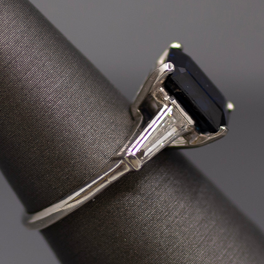 GIA Certified Australian Deep Blue Sapphire and Baguette Diamond Ring in Platinum