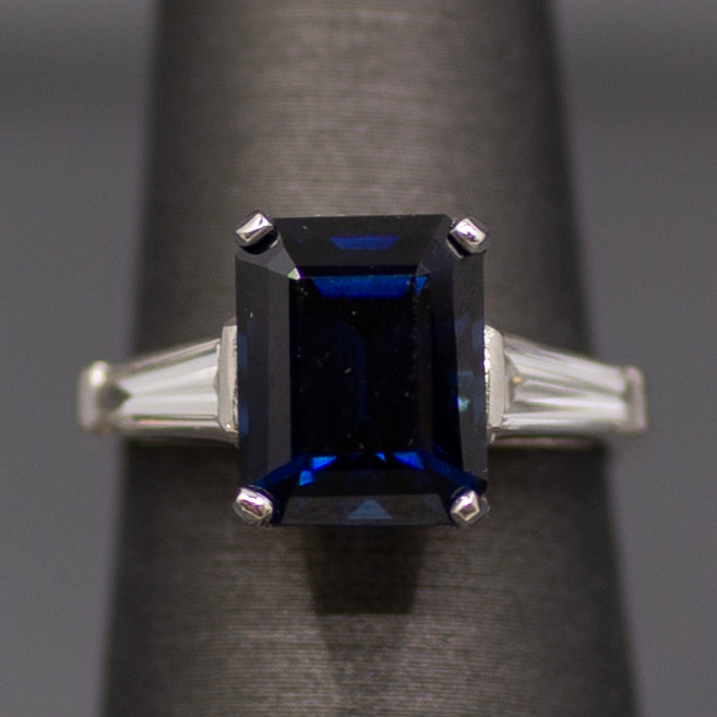 GIA Certified Australian Deep Blue Sapphire and Baguette Diamond Ring in Platinum