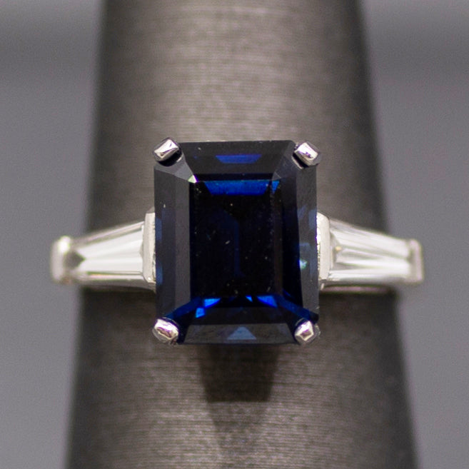 GIA Certified Australian Deep Blue Sapphire and Baguette Diamond Ring in Platinum