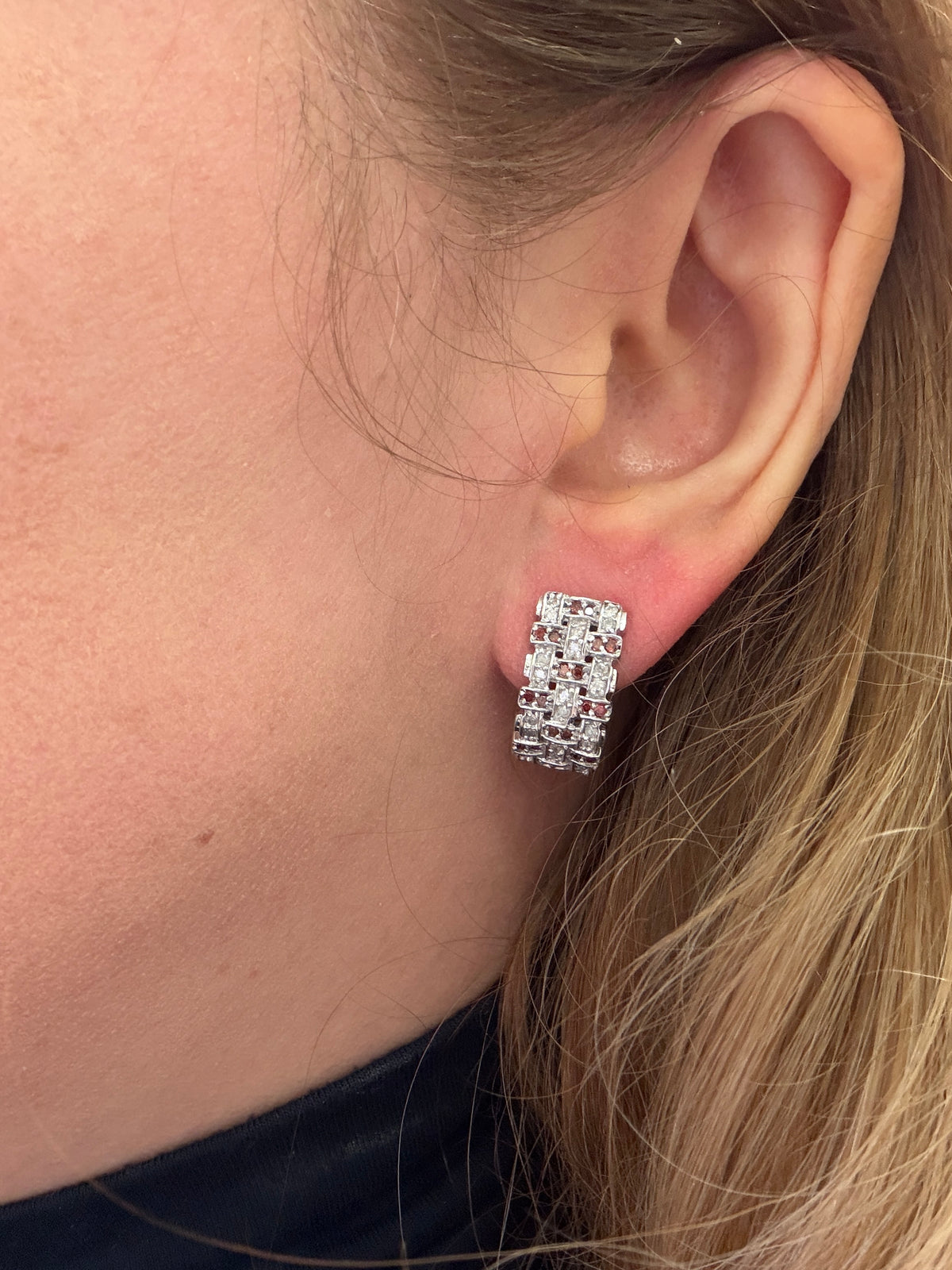 Vintage Red and White Diamond Half Hoop Earrings in 14k White Gold