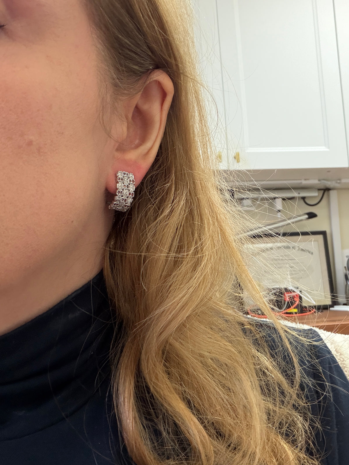 Vintage Red and White Diamond Half Hoop Earrings in 14k White Gold